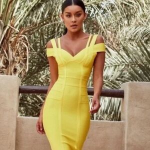 House Of CB London Neon Yellow Bodycon Bandage Cocktail Dress Size XS